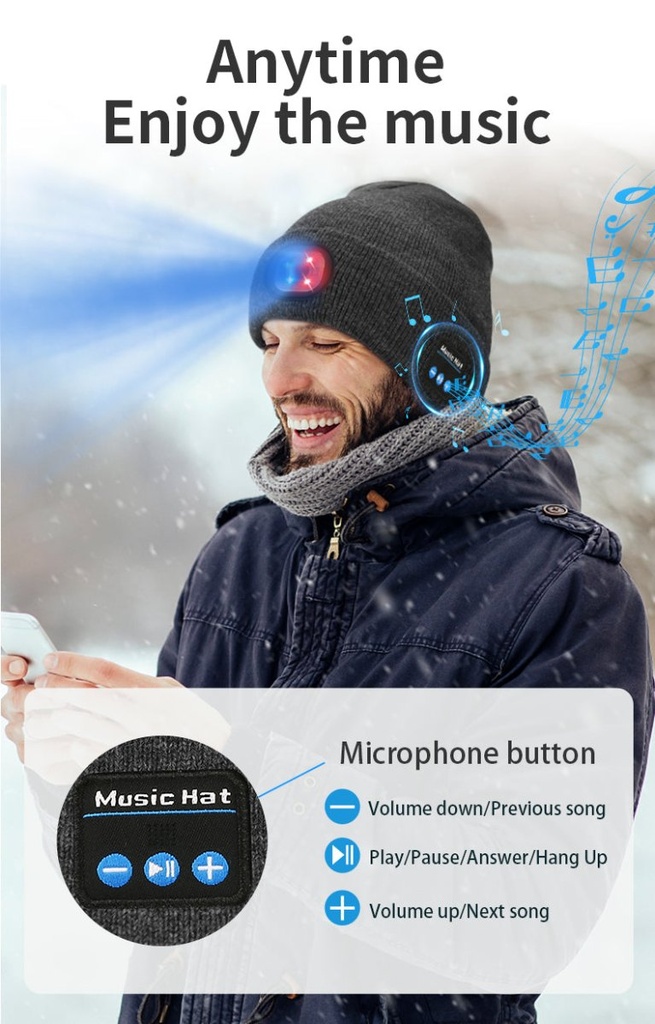 Bonnet Bluetooth connecté avec lampe frontale