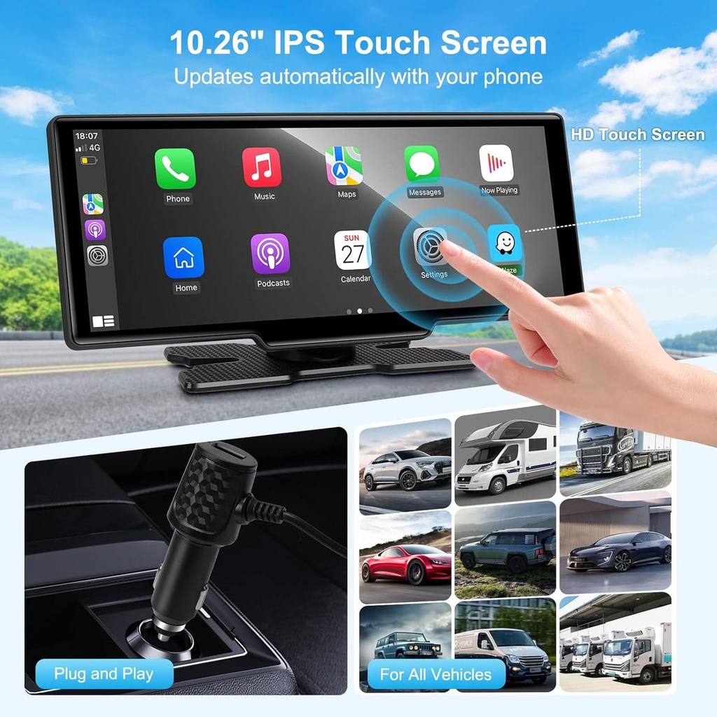 Carvera - Écran CarPlay 10,26" et dashcam 4K avant-arrière