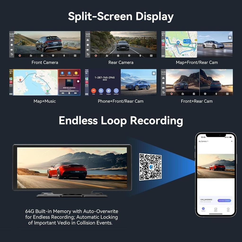 Carvera - Écran CarPlay 10,26" et dashcam 4K avant-arrière