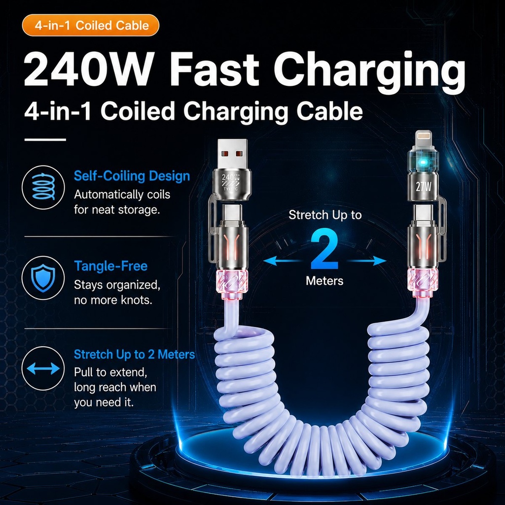 [RZ-154] Câble spiralé 4 en 1 de 240W pour charge rapide et données
