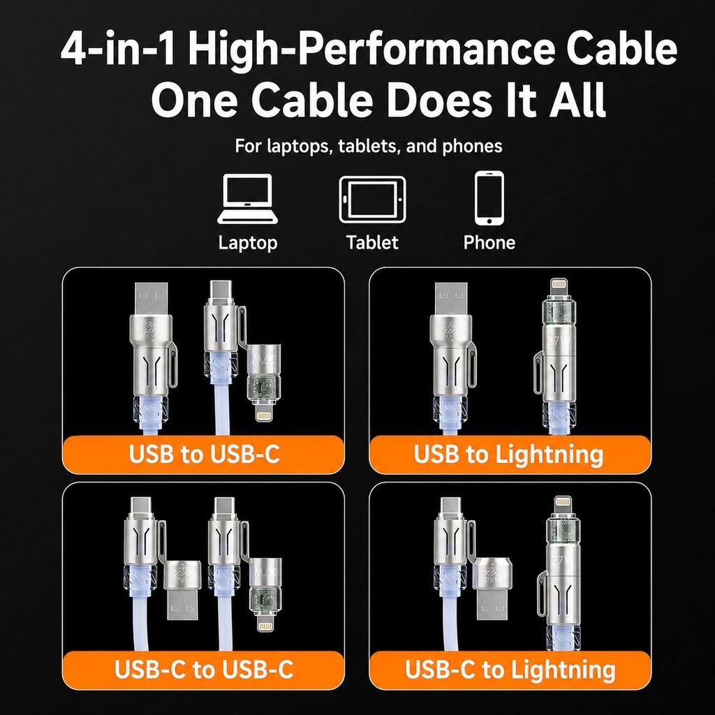 Câble spiralé 4 en 1 de 240W pour charge rapide et données