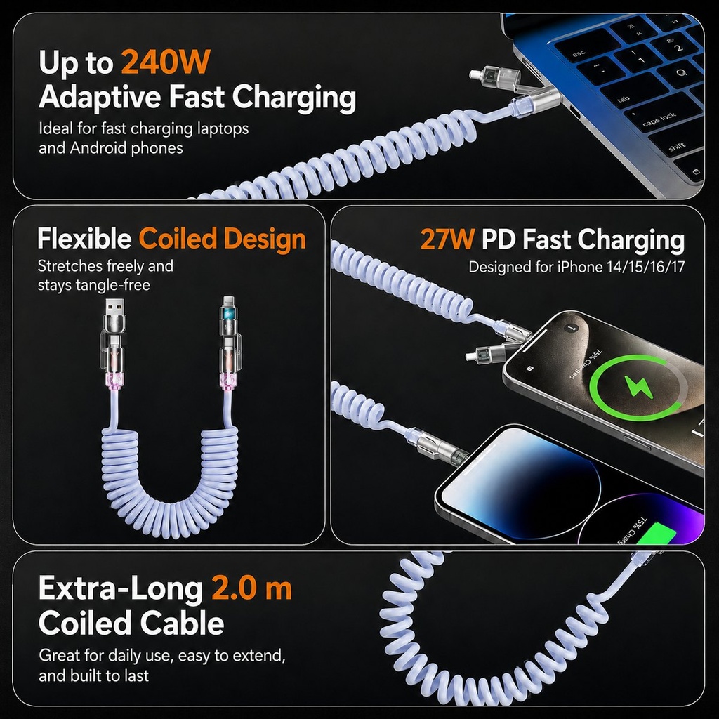 Câble spiralé 4 en 1 de 240W pour charge rapide et données