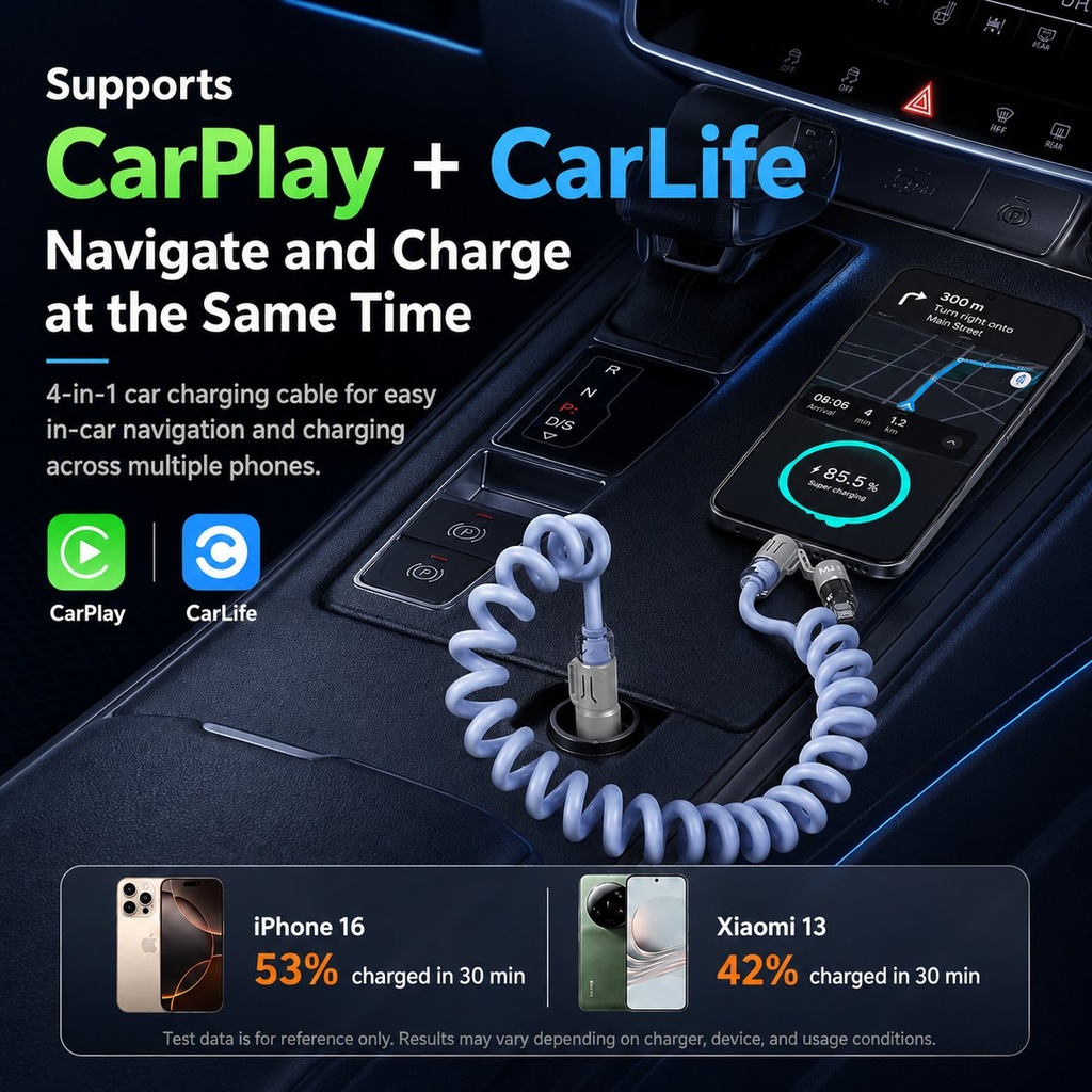 Câble spiralé 4 en 1 de 240W pour charge rapide et données
