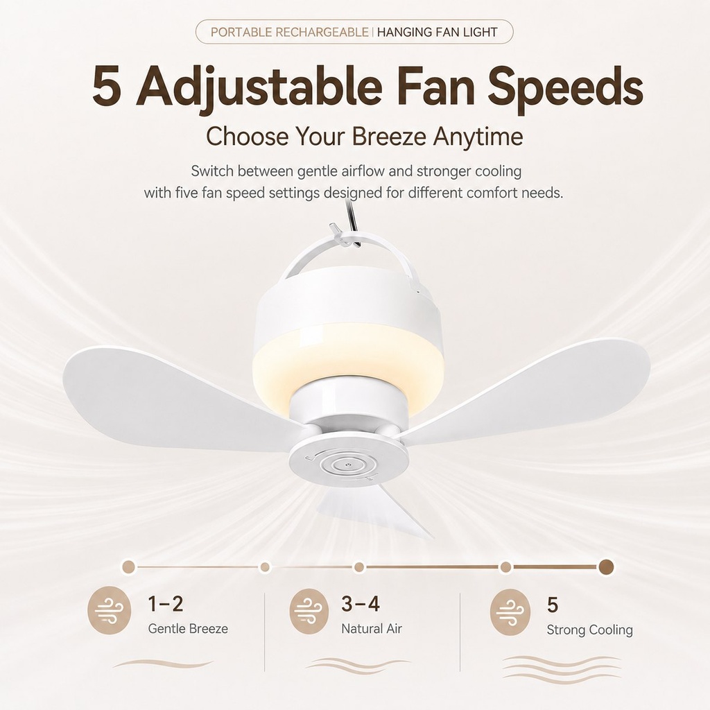 Ventilateur suspendu rechargeable avec lumière intégrée
