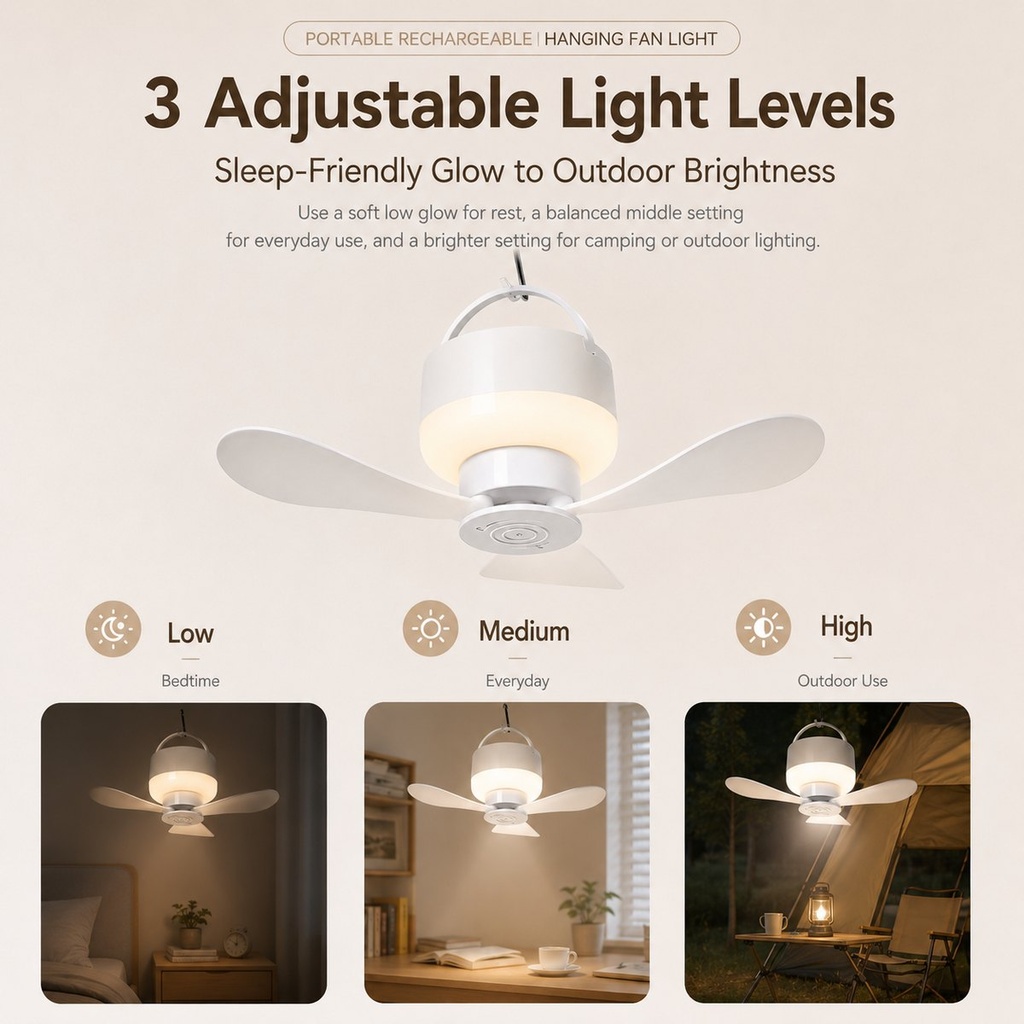 Ventilateur suspendu rechargeable avec lumière intégrée