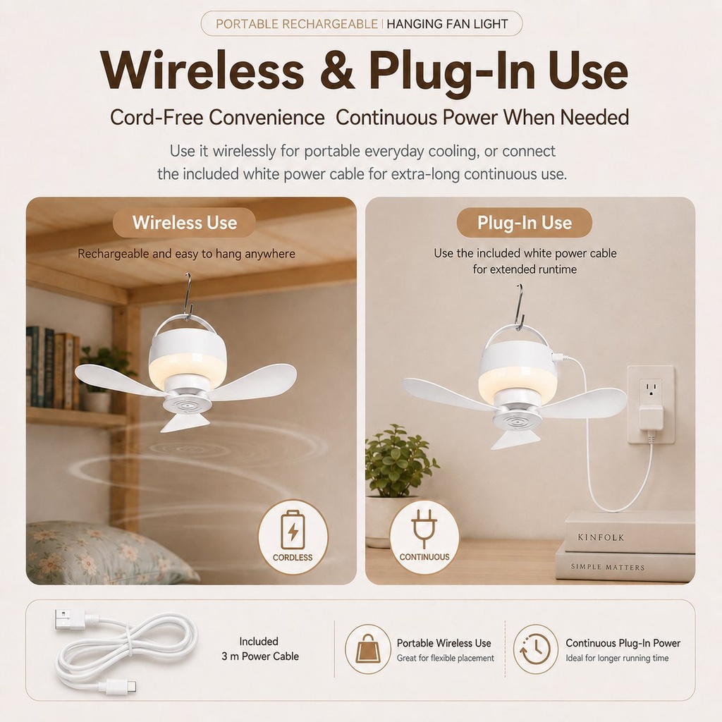 Ventilateur suspendu rechargeable avec lumière intégrée