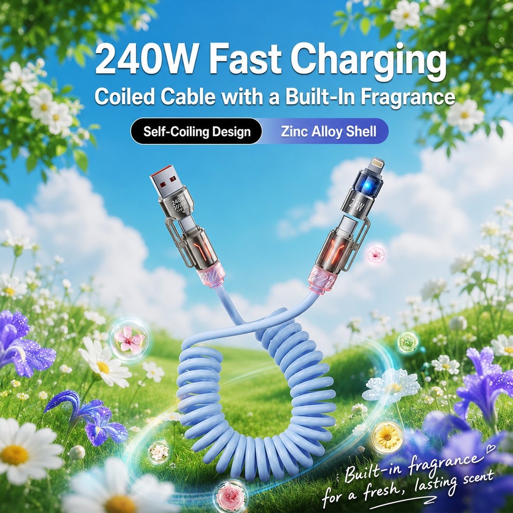 Câble spiralé 4 en 1 de 240W pour charge rapide et données