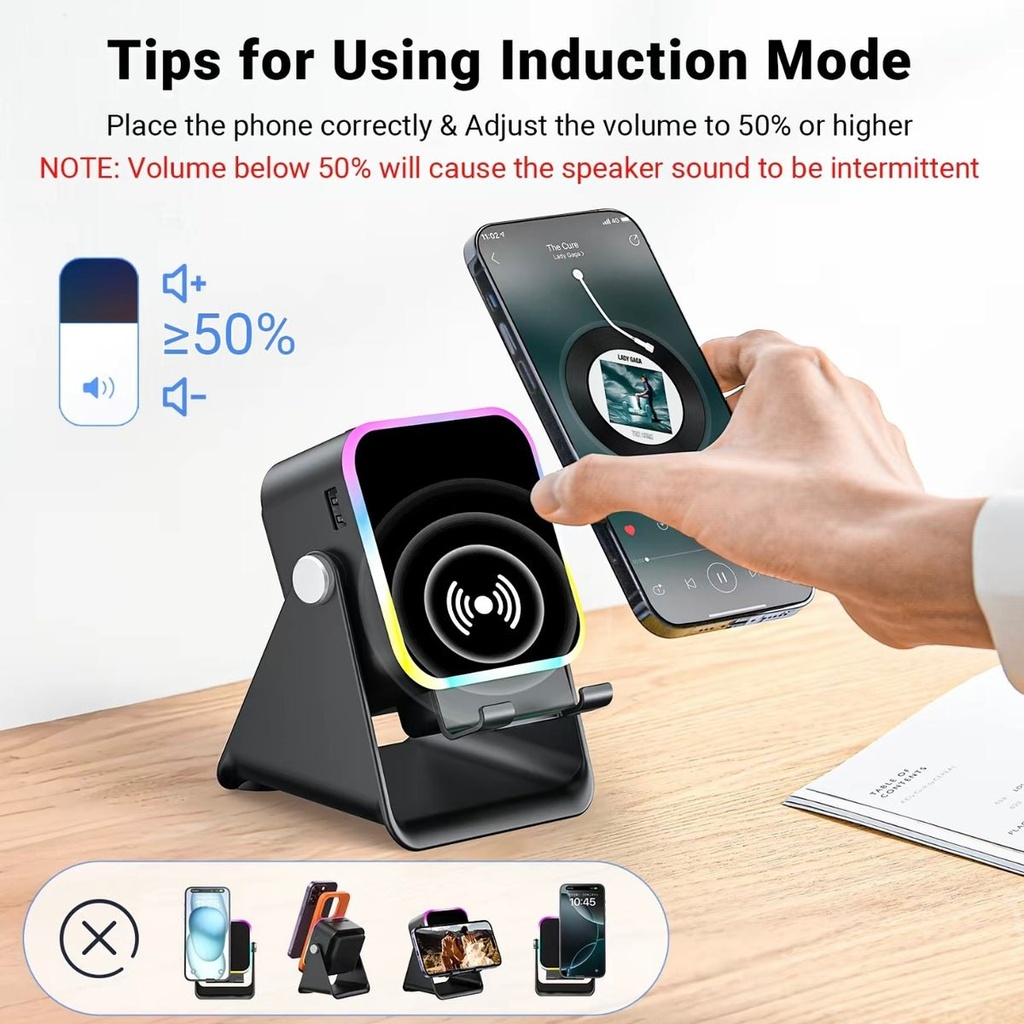 Support téléphone 5 en 1 avec haut-parleur à induction