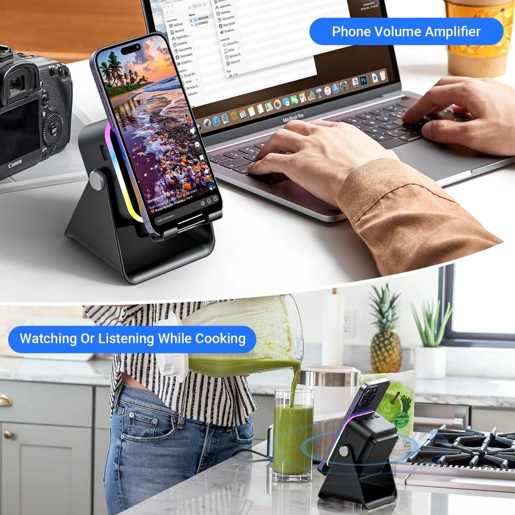 Support téléphone 5 en 1 avec haut-parleur à induction