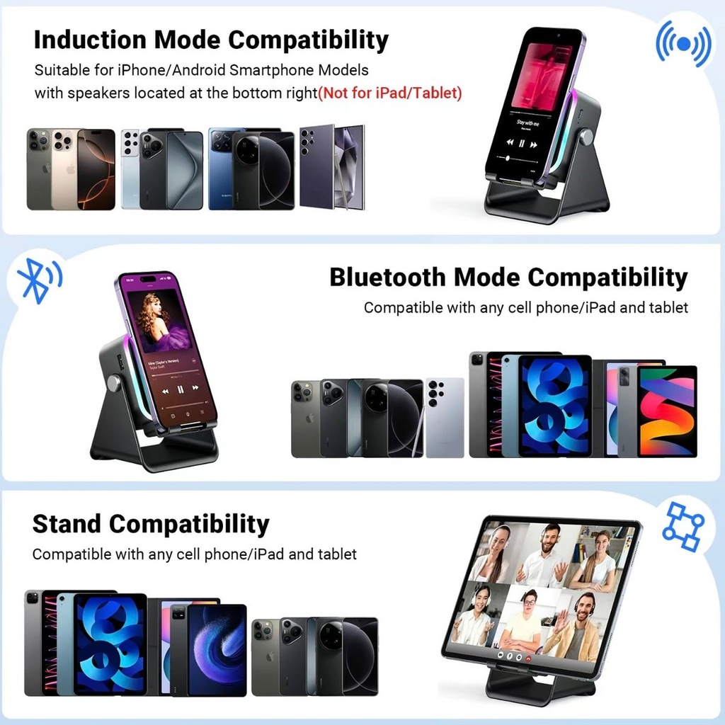 Support téléphone 5 en 1 avec haut-parleur à induction