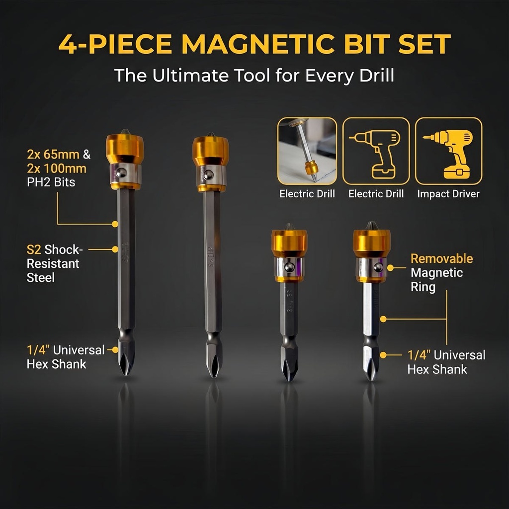 [RZ-128] Lot de 4 embouts PH2 magnétiques avec anneau de maintien